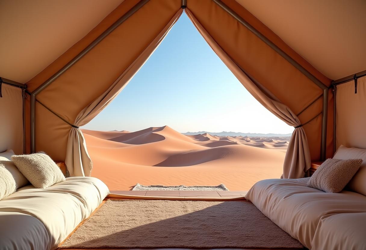 Tente de glamping luxueuse avec vue panoramique sur le désert