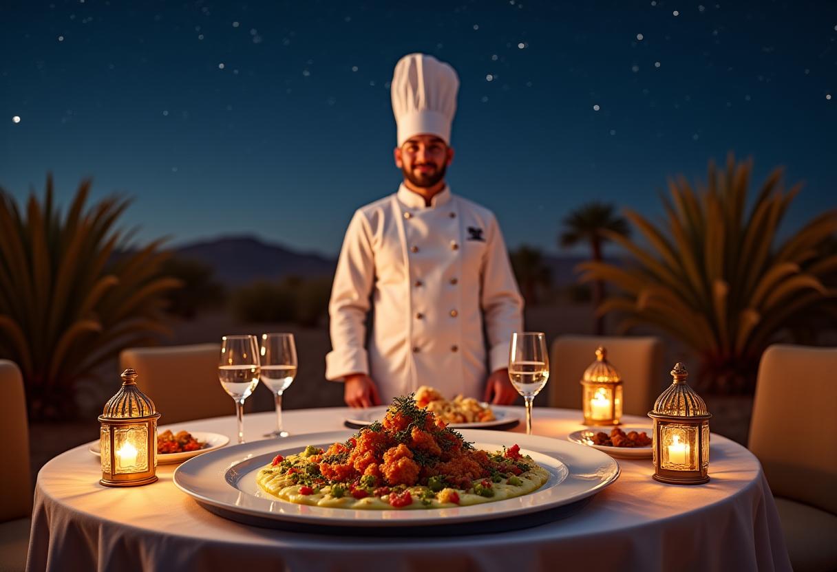 Dîner gourmet dans le désert préparé par chef renommé
